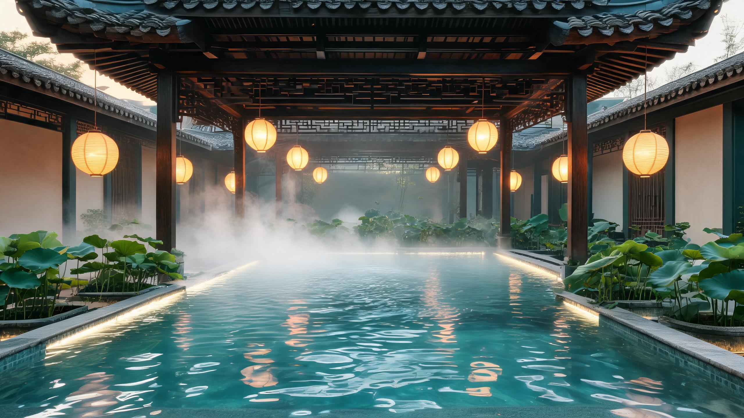 合肥SPA巢澜汤院雾泉厅，水雾从巢湖青石间升起